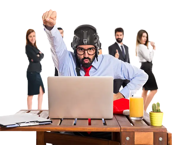 businessman sitting at his office with pilot hat